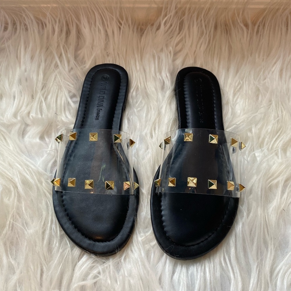 Wild dive sandals clear over the foot strap with gold studs !